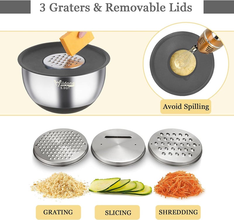 Wildone Mixing Bowls with Airtight Lids, 22 PCS Stainless Steel Mixing Bowls Set, 3 Grater Attachments, Measurement Marks & Non-Slip Bottom, Size 5, 4, 3, 2,1.5, 0.63QT, Ideal for Mixing & Prepping - Image 3